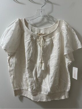 Lucky Brand Cream Eyelet Peasant Blouse with Tassel Tie